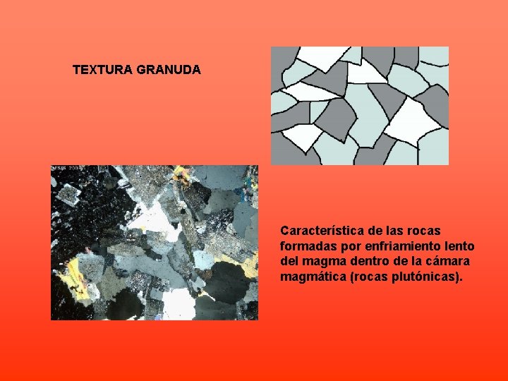 TEXTURA GRANUDA Característica de las rocas formadas por enfriamiento lento del magma dentro de