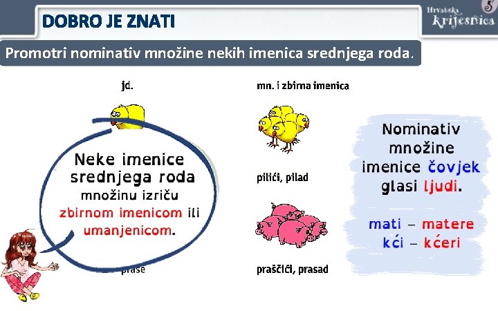 DOBRO JE ZNATI Promotri nominativ množine nekih imenica srednjega roda. 