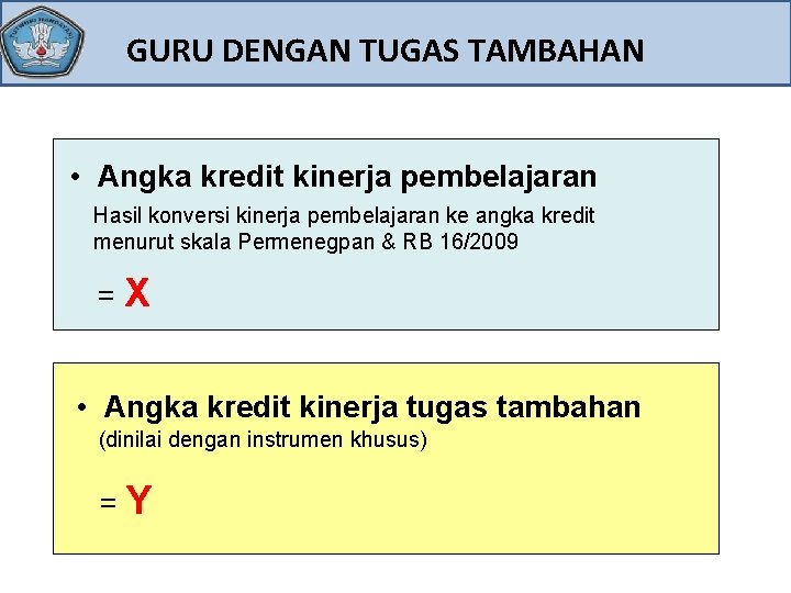 GURU DENGAN TUGAS TAMBAHAN • Angka kredit kinerja pembelajaran Hasil konversi kinerja pembelajaran ke