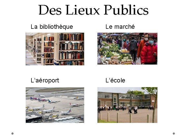 Des Lieux Publics La bibliothèque Le marché L’aéroport L’école 