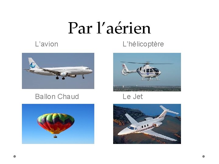 Par l’aérien L’avion L’hélicoptère Ballon Chaud Le Jet 