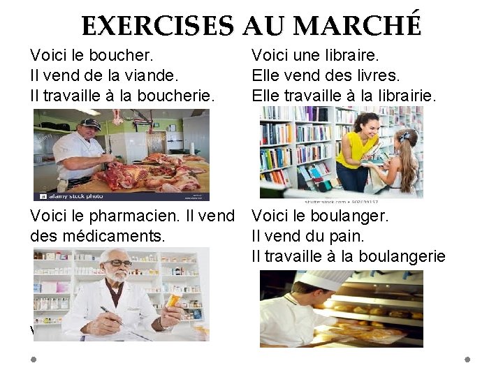 EXERCISES AU MARCHÉ Voici le boucher. Il vend de la viande. Il travaille à