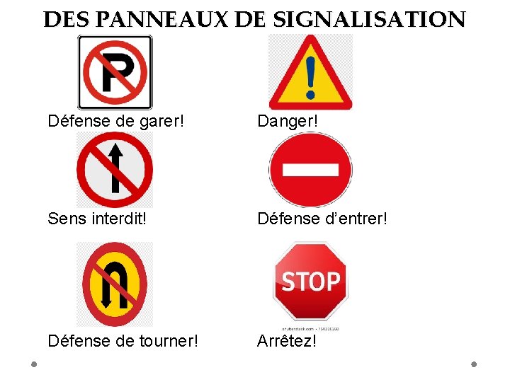 DES PANNEAUX DE SIGNALISATION Défense de garer! Danger! Sens interdit! Défense d’entrer! Défense de