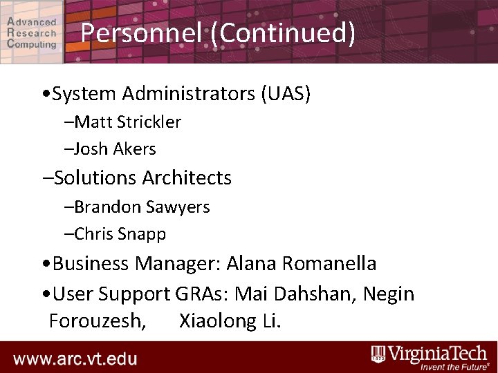 Personnel (Continued) • System Administrators (UAS) –Matt Strickler –Josh Akers –Solutions Architects –Brandon Sawyers