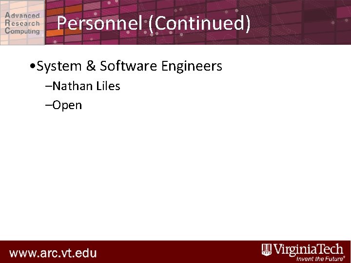 Personnel (Continued) • System & Software Engineers –Nathan Liles –Open 