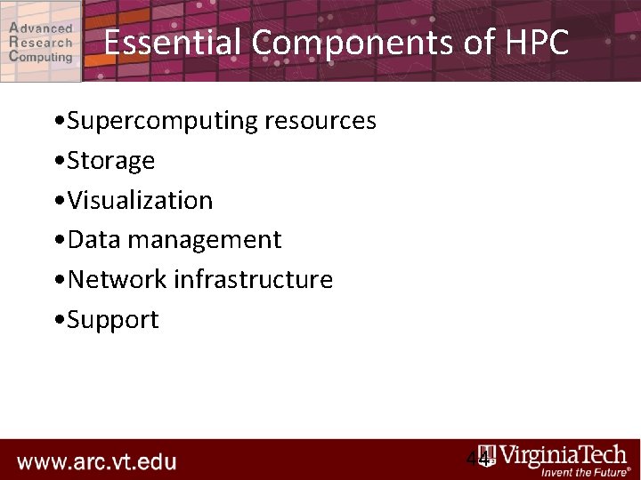 Essential Components of HPC • Supercomputing resources • Storage • Visualization • Data management