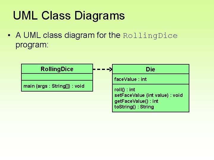 UML Class Diagrams • A UML class diagram for the Rolling. Dice program: Rolling.