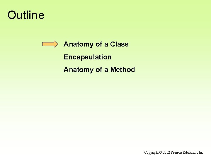 Outline Anatomy of a Class Encapsulation Anatomy of a Method Copyright © 2012 Pearson