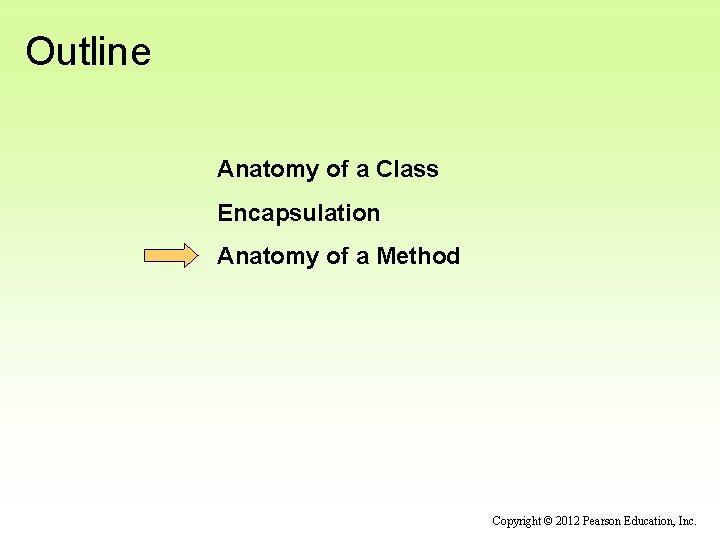 Outline Anatomy of a Class Encapsulation Anatomy of a Method Copyright © 2012 Pearson