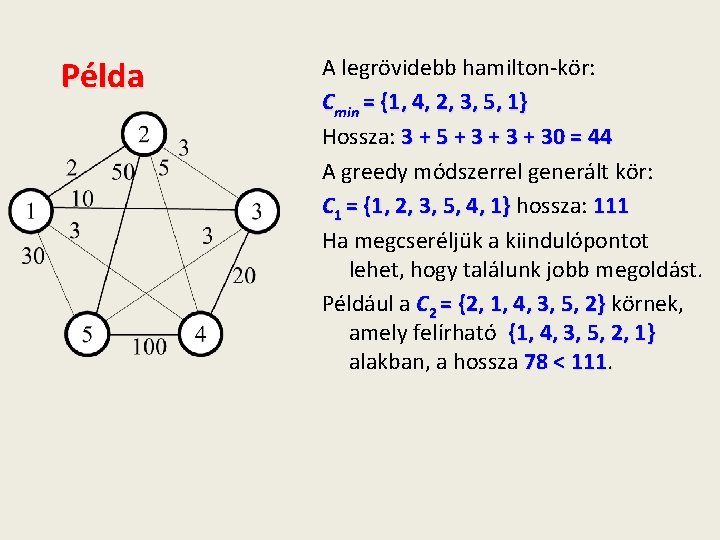 Példa A legrövidebb hamilton-kör: Cmin = {1, 4, 2, 3, 5, 1} Hossza: 3