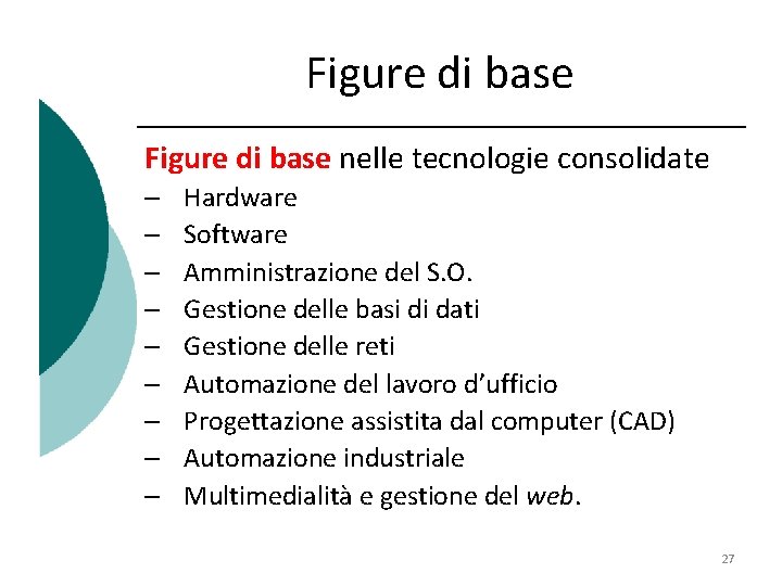 Figure di base nelle tecnologie consolidate – – – – – Hardware Software Amministrazione