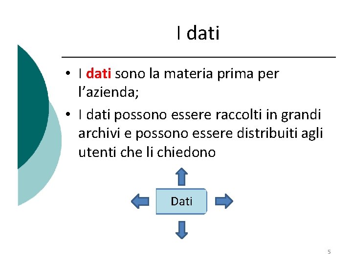 I dati • I dati sono la materia prima per l’azienda; • I dati