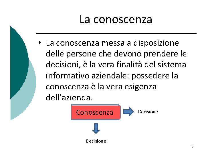 La conoscenza • La conoscenza messa a disposizione delle persone che devono prendere le La conoscenza • La conoscenza messa a disposizione delle persone che devono prendere le
