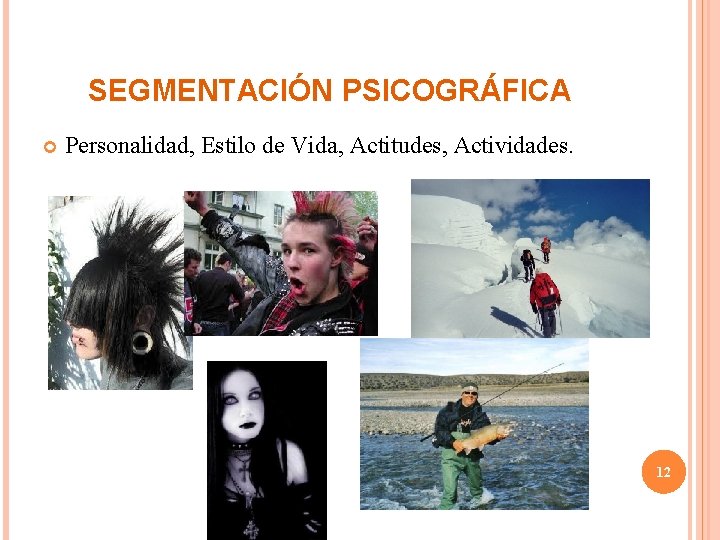 SEGMENTACIÓN PSICOGRÁFICA Personalidad, Estilo de Vida, Actitudes, Actividades. 12 