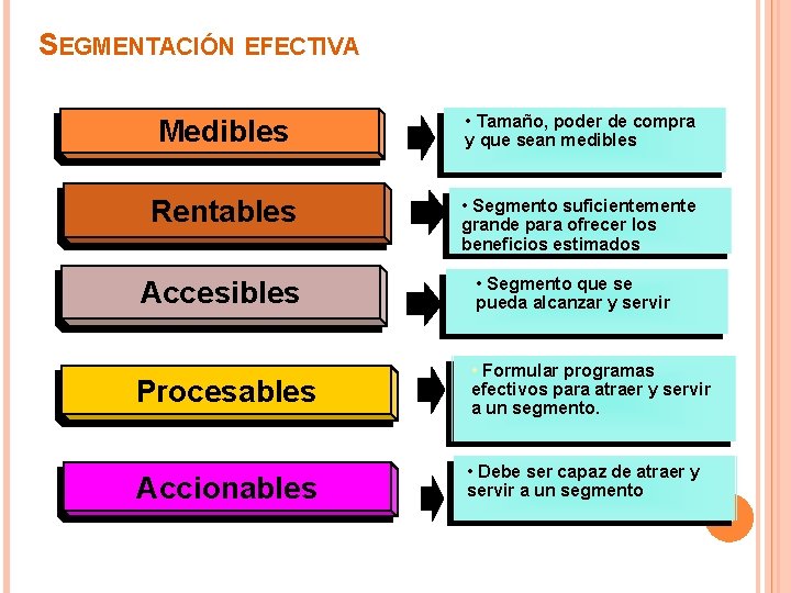 SEGMENTACIÓN EFECTIVA Medibles • Tamaño, poder de compra y que sean medibles Rentables •