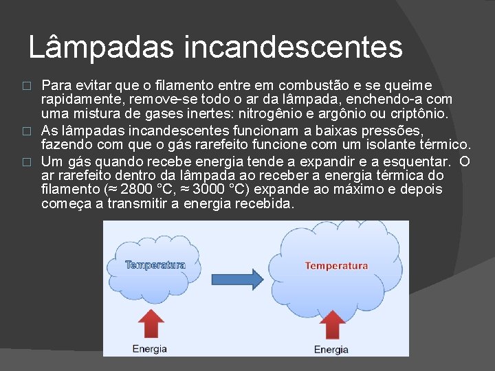 Lâmpadas incandescentes Para evitar que o filamento entre em combustão e se queime rapidamente,