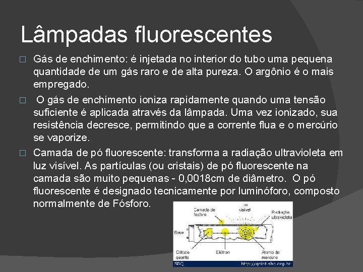 Lâmpadas fluorescentes Gás de enchimento: é injetada no interior do tubo uma pequena quantidade