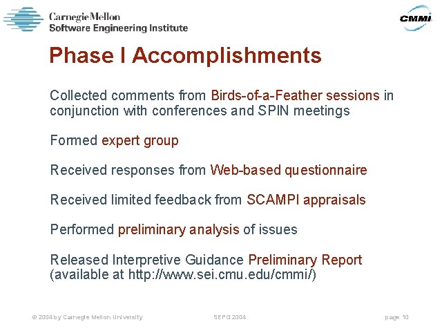 Phase I Accomplishments Collected comments from Birds-of-a-Feather sessions in conjunction with conferences and SPIN