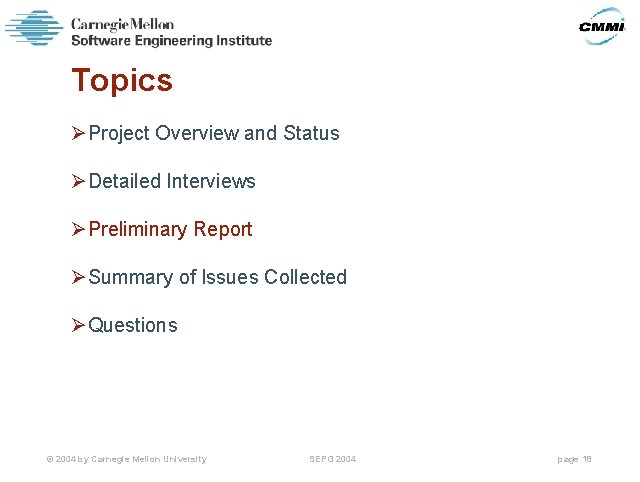 Topics ØProject Overview and Status ØDetailed Interviews ØPreliminary Report ØSummary of Issues Collected ØQuestions
