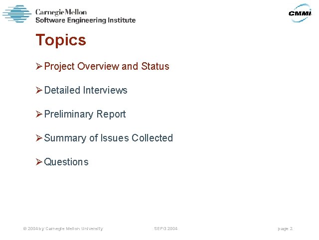 Topics ØProject Overview and Status ØDetailed Interviews ØPreliminary Report ØSummary of Issues Collected ØQuestions