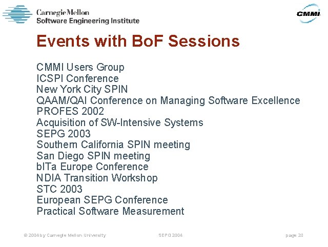 Events with Bo. F Sessions CMMI Users Group ICSPI Conference New York City SPIN