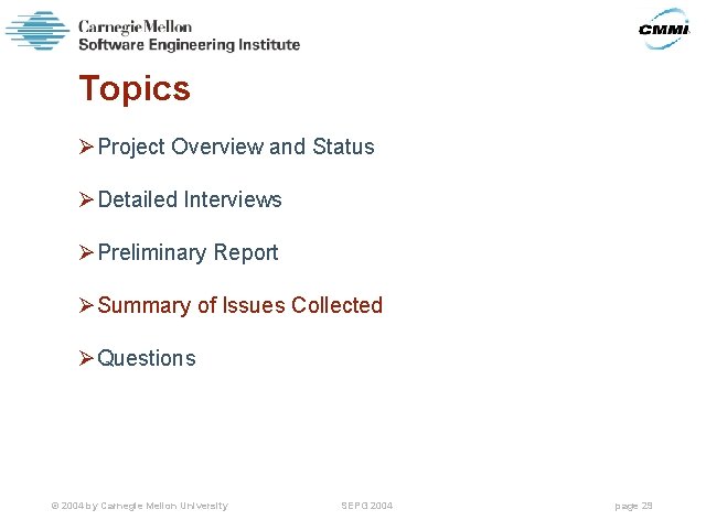 Topics ØProject Overview and Status ØDetailed Interviews ØPreliminary Report ØSummary of Issues Collected ØQuestions