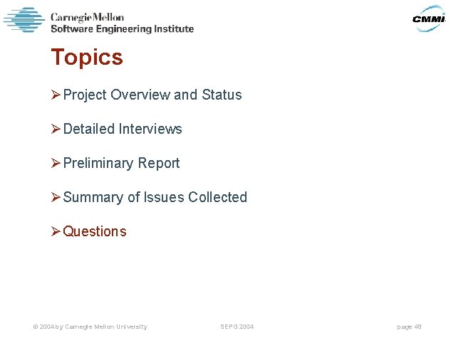 Topics ØProject Overview and Status ØDetailed Interviews ØPreliminary Report ØSummary of Issues Collected ØQuestions