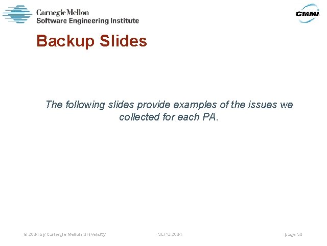 Backup Slides The following slides provide examples of the issues we collected for each