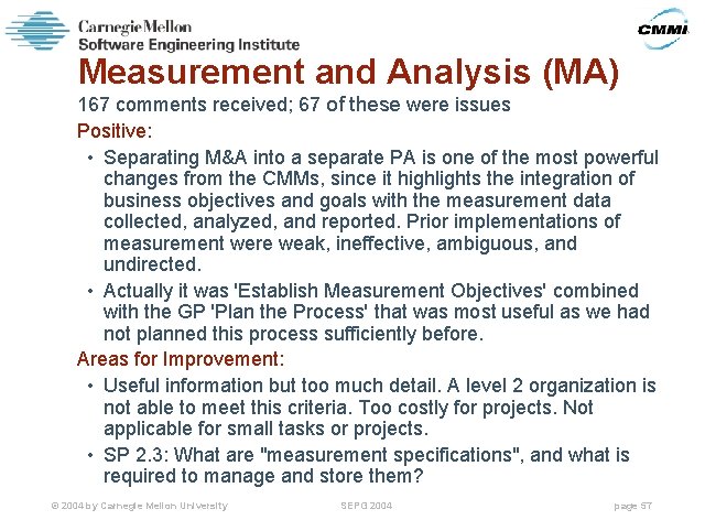 Measurement and Analysis (MA) 167 comments received; 67 of these were issues Positive: •