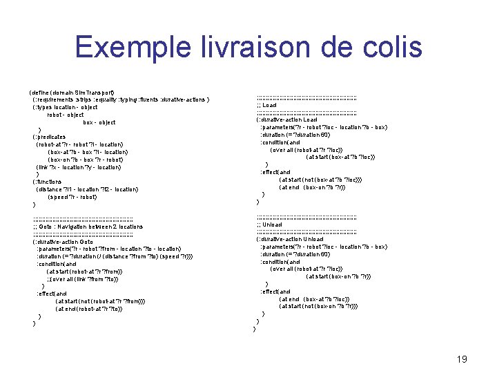 Exemple livraison de colis (define (domain Sim. Transport) (: requirements : strips : equality