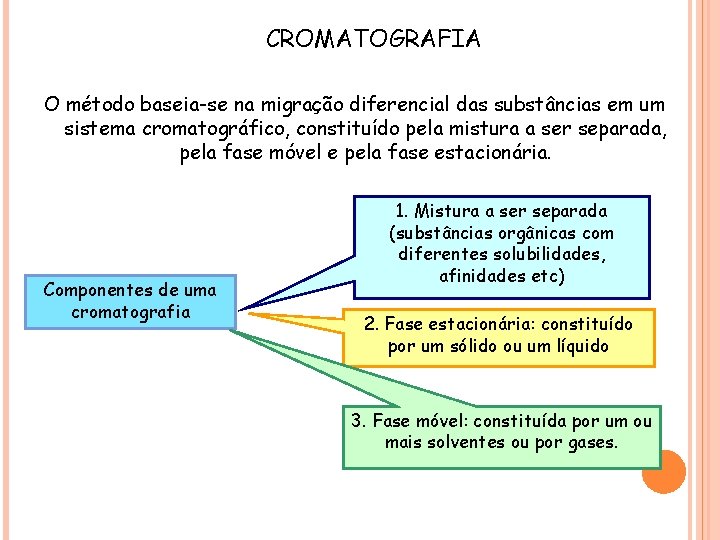 CROMATOGRAFIA O método baseia-se na migração diferencial das substâncias em um sistema cromatográfico, constituído