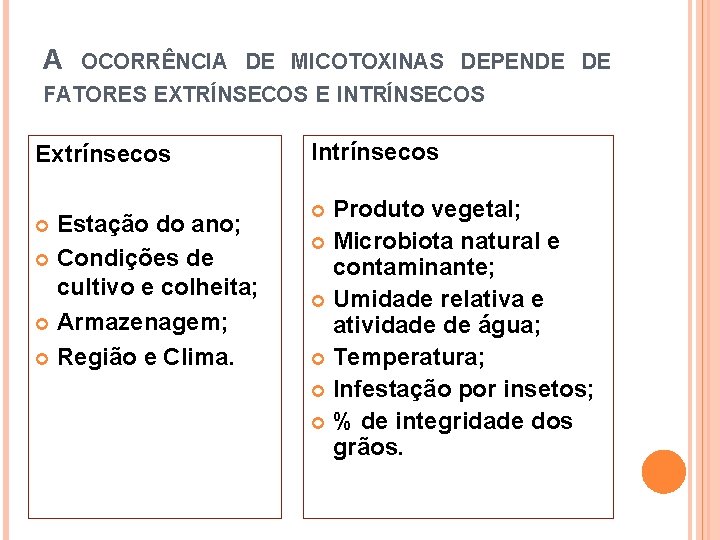 A OCORRÊNCIA DE MICOTOXINAS DEPENDE DE FATORES EXTRÍNSECOS E INTRÍNSECOS Extrínsecos Intrínsecos Estação do