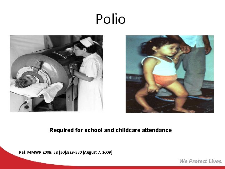 Polio Required for school and childcare attendance Ref. MMWR 2009; 58 (30); 829 -830