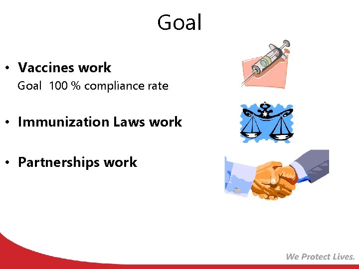 Goal • Vaccines work Goal 100 % compliance rate • Immunization Laws work •