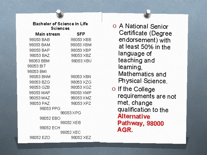 Bachelor of Science in Life Sciences Main stream SFP 98053 BAB 98053 XBB 98053