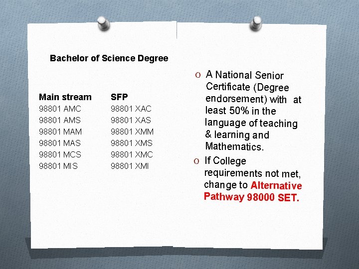 Bachelor of Science Degree O A National Senior Main stream SFP 98801 AMC 98801