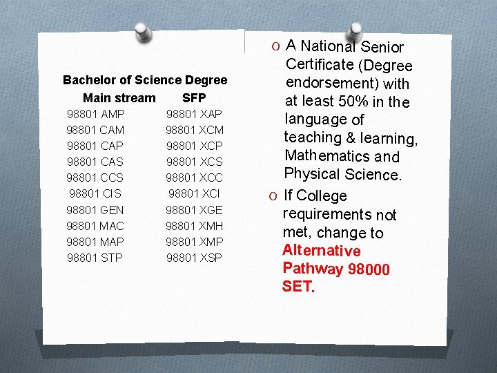 O A National Senior Bachelor of Science Degree Main stream SFP 98801 AMP 98801