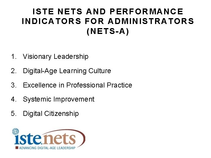 ISTE NETS AND PERFORMANCE INDICATORS FOR ADMINISTRATORS (NETS-A) 1. Visionary Leadership 2. Digital-Age Learning ISTE NETS AND PERFORMANCE INDICATORS FOR ADMINISTRATORS (NETS-A) 1. Visionary Leadership 2. Digital-Age Learning