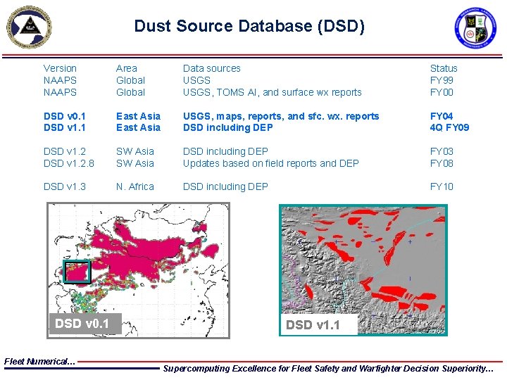 Dust Source Database (DSD) Version NAAPS Area Global Data sources USGS, TOMS AI, and Dust Source Database (DSD) Version NAAPS Area Global Data sources USGS, TOMS AI, and