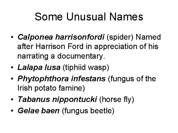 Some Unusual Names • Calponea harrisonfordi (spider) Named after Harrison Ford in appreciation of