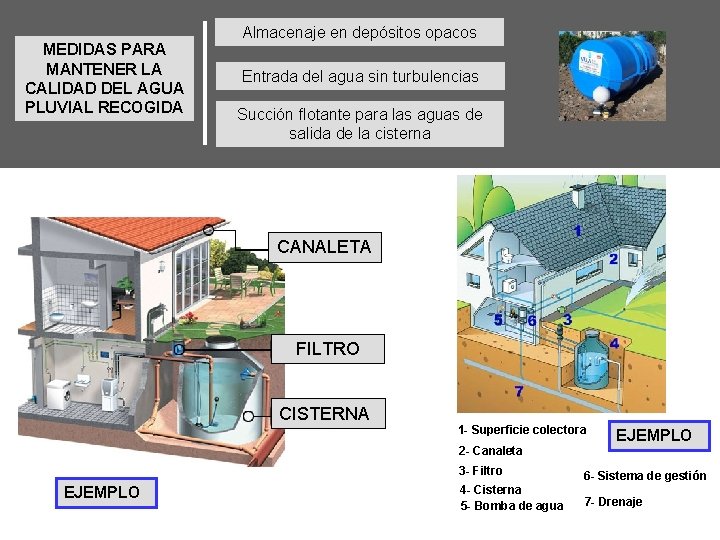 MEDIDAS PARA MANTENER LA CALIDAD DEL AGUA PLUVIAL RECOGIDA Almacenaje en depósitos opacos Entrada