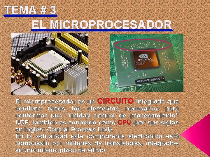 TEMA # 3 EL MICROPROCESADOR El microprocesador es un CIRCUITO integrado que contiene todos