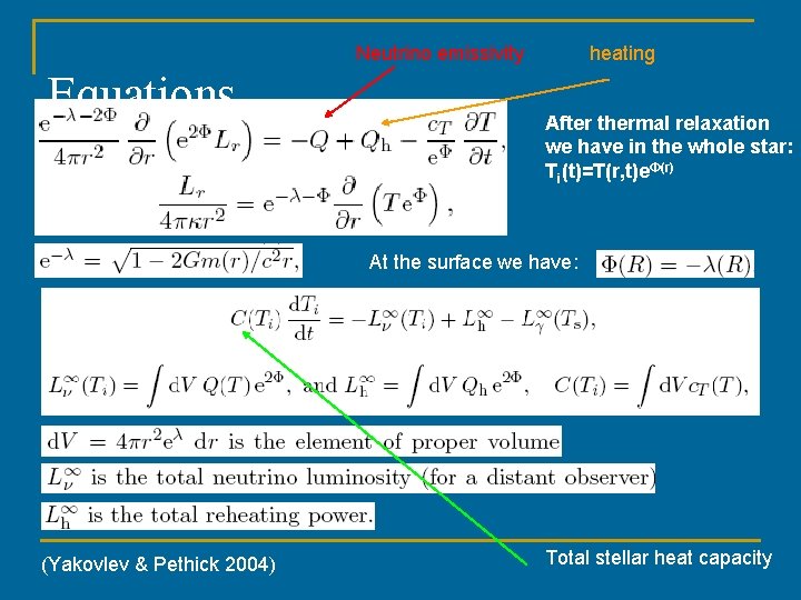 Neutrino emissivity Equations heating After thermal relaxation we have in the whole star: Ti(t)=T(r,