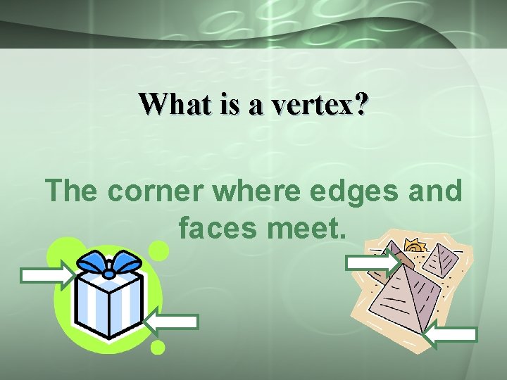 What is a vertex? The corner where edges and faces meet. 