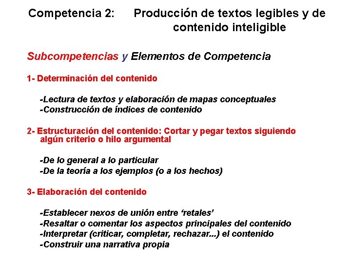 Competencia 2: Producción de textos legibles y de contenido inteligible Subcompetencias y Elementos de