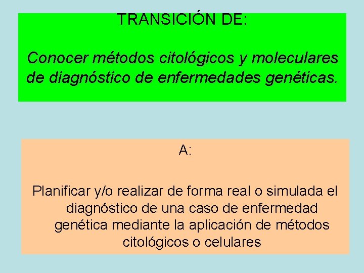 TRANSICIÓN DE: Conocer métodos citológicos y moleculares de diagnóstico de enfermedades genéticas. A: Planificar