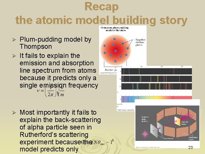 Recap the atomic model building story Plum-pudding model by Thompson Ø It fails to