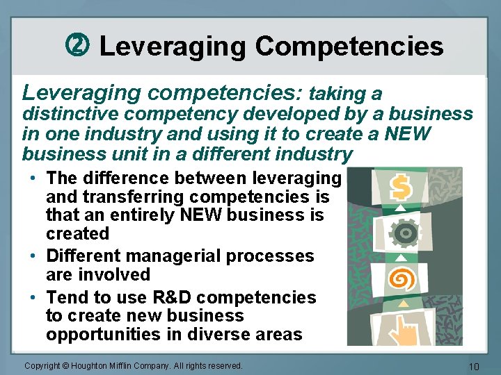  Leveraging Competencies Leveraging competencies: taking a distinctive competency developed by a business in