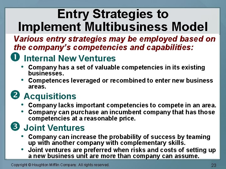 Entry Strategies to Implement Multibusiness Model Various entry strategies may be employed based on