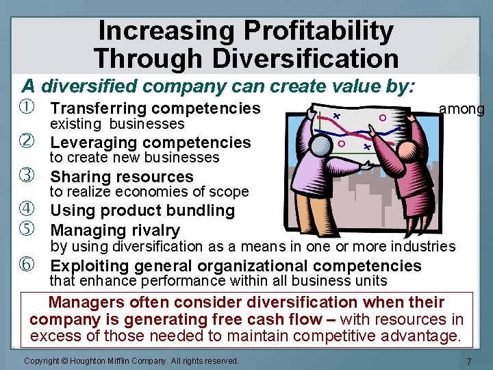 Increasing Profitability Through Diversification A diversified company can create value by: Transferring competencies Leveraging